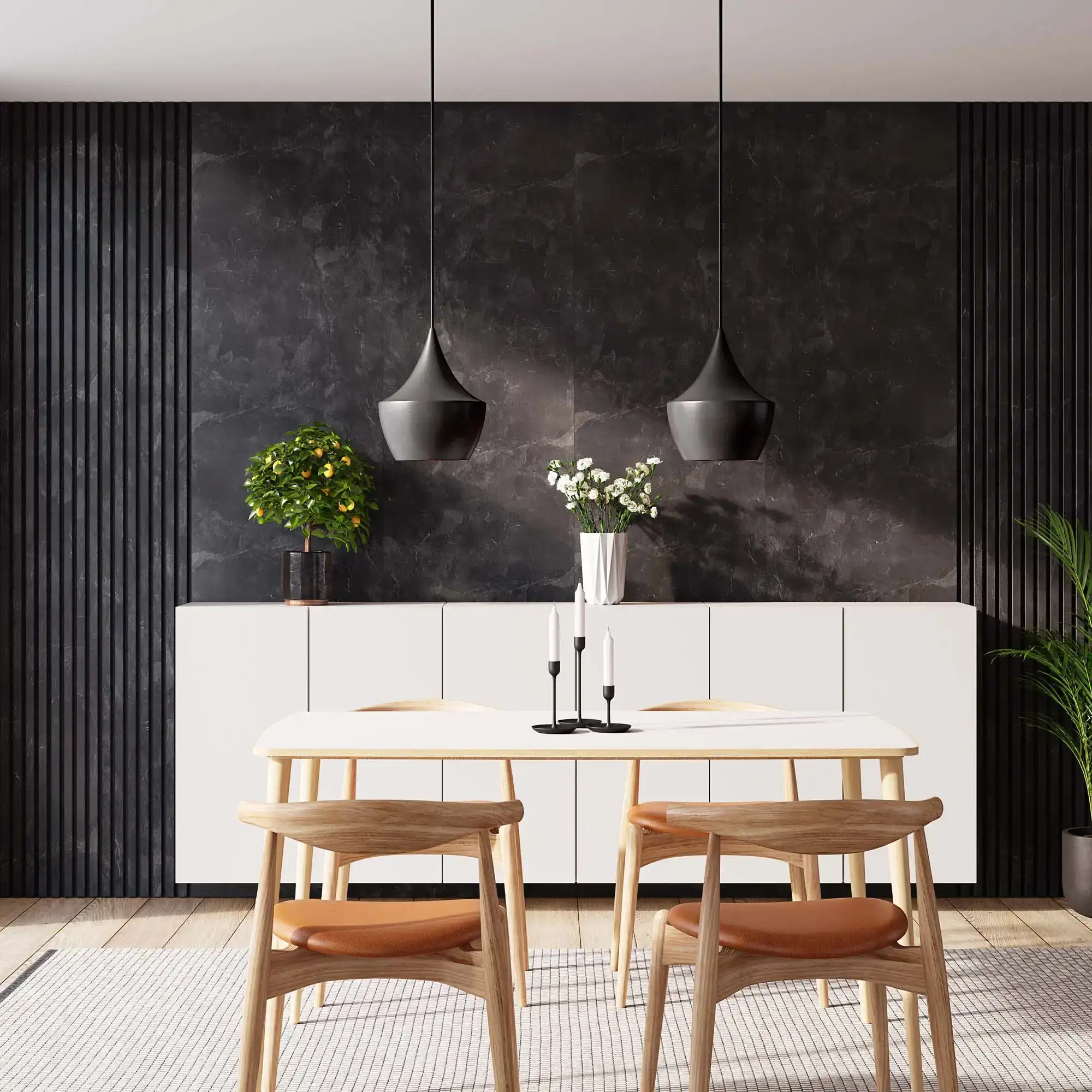 WS-Design Black Slate and Ribbon-Design Black Slate with Black RecoSilent in dining room