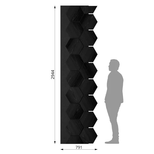 Ribbon-Hexagon Black Diamond Ash joint panel with black acoustic felt with dimensions